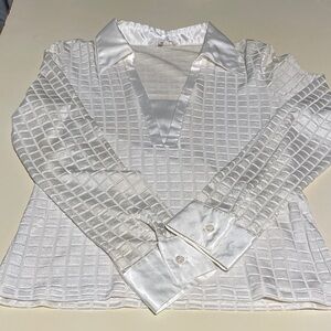 White Textured Satin-Trim V-Neck Blouse - Women